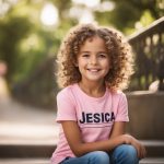 beautiful little girl with curly light hair outside summer with text Jessica on pink t-shirt
